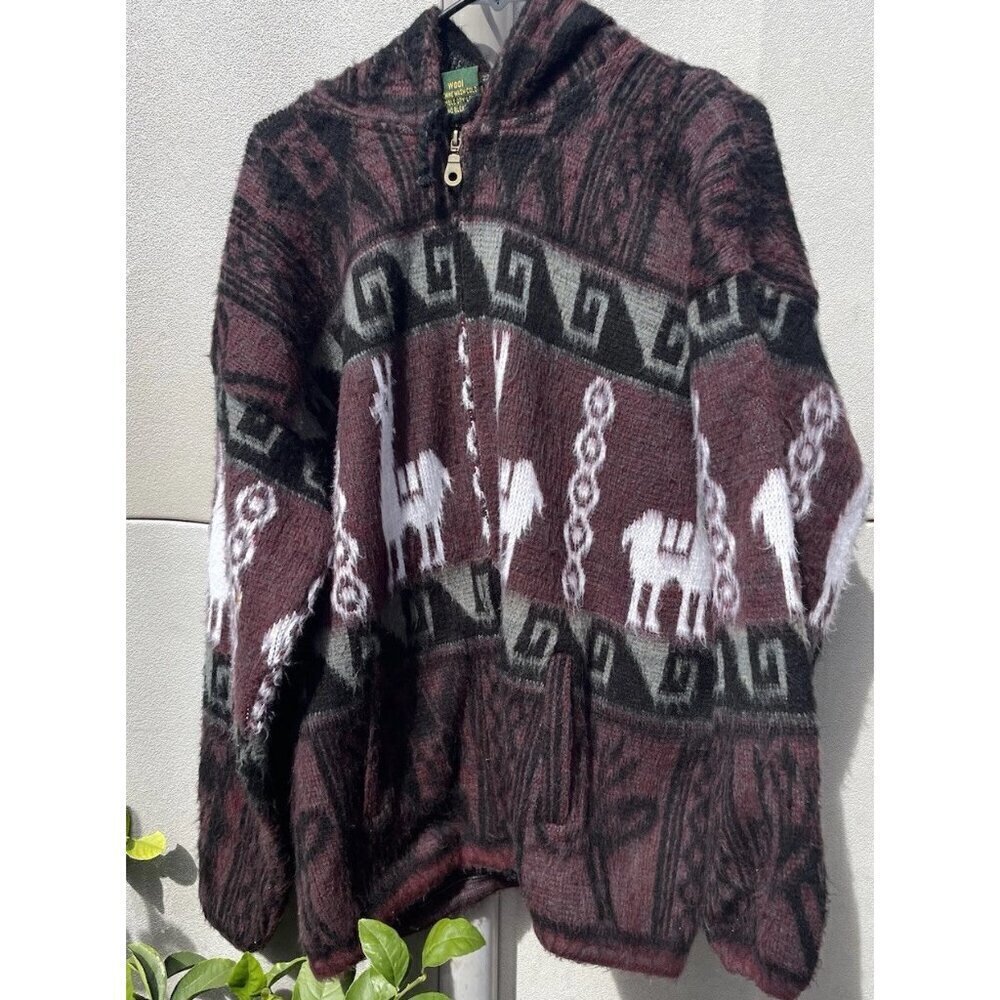 VTG Ruminahui Aztec Lama Wool Sweater Made in Ecuador Black Burgundy Zip Sz L/XL